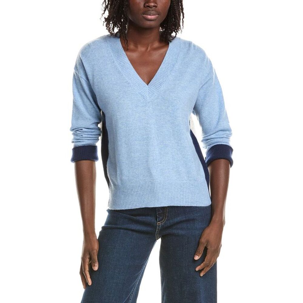&Isla Womens  Beth Colorblock V-Neck 100% Cashmere Sweater, Blue